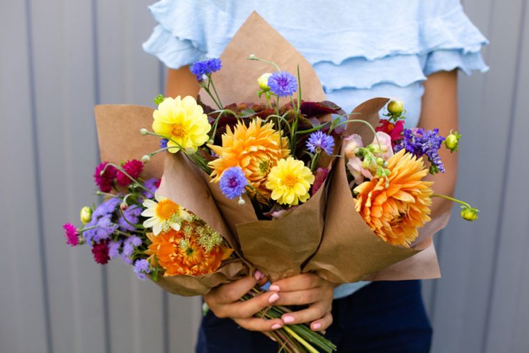 Woman in blue blouse holding beautiful bouquets of flowers. Hands with bouquets of seasonal flowers in craft paper. Bouquets as a gift on 1st september. Orange dahlia flowers